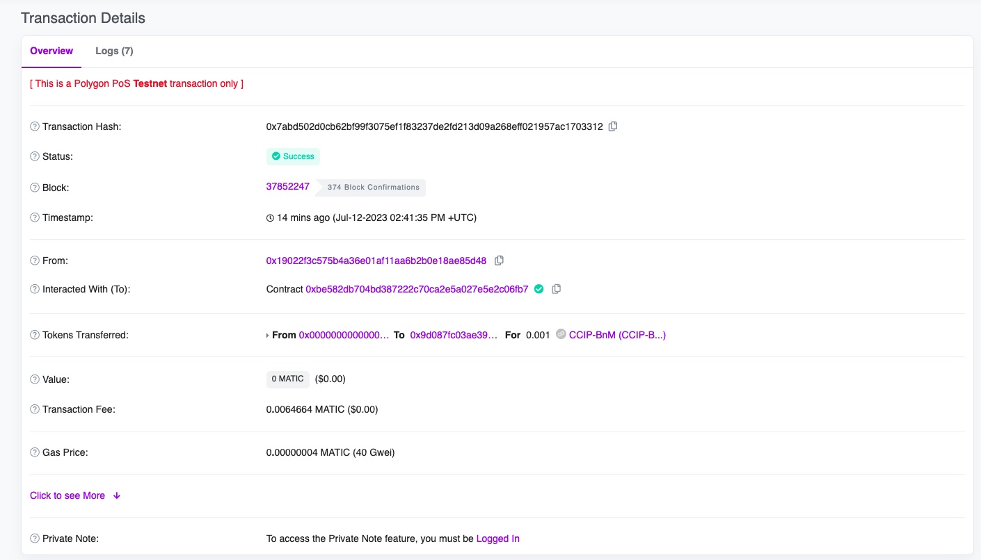 Chainlink CCIP Mumbai tokens received